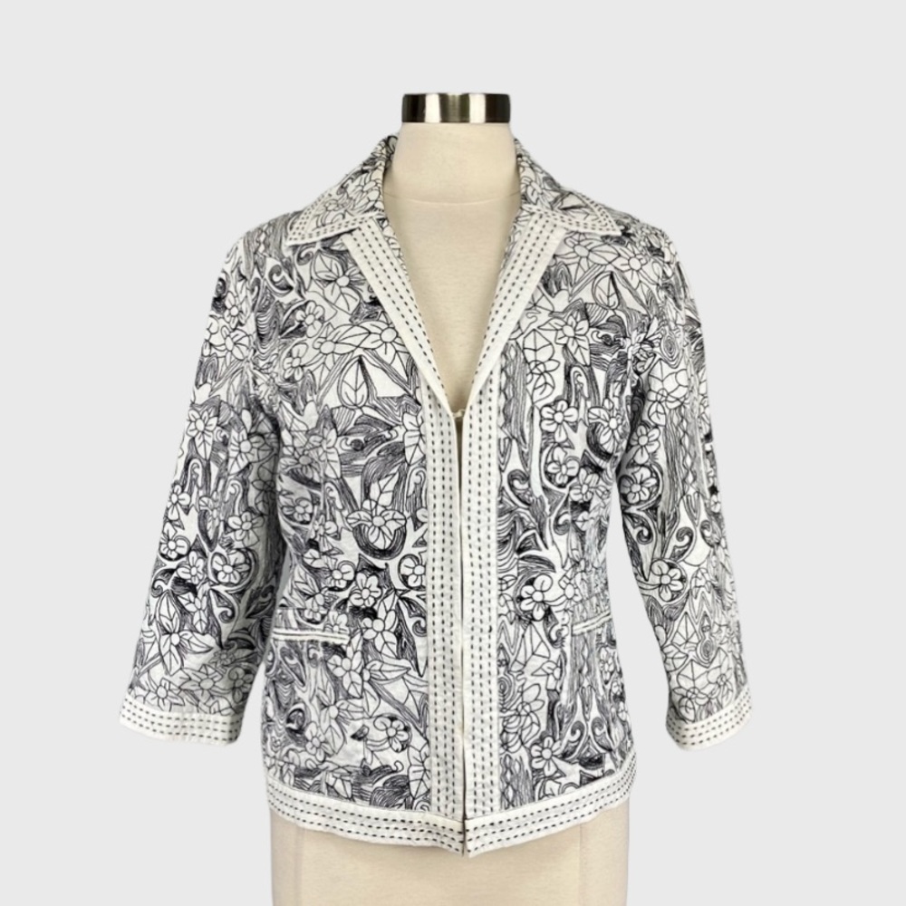 Chicos Womens White Black Floral Embroidered Blazer Hook Front Cotton size Med